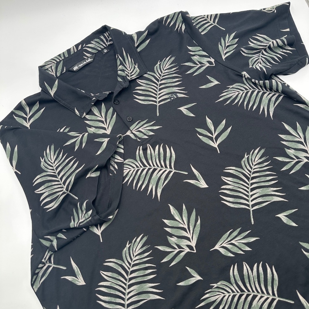 TravisMathew Polo Mens XXL Black Palm Leaf Excellent Golf Performance Tropical